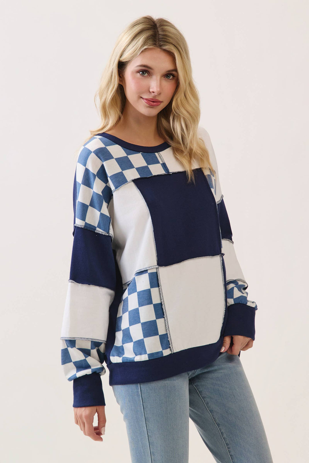 Midnight Navy Check Patchwork Top