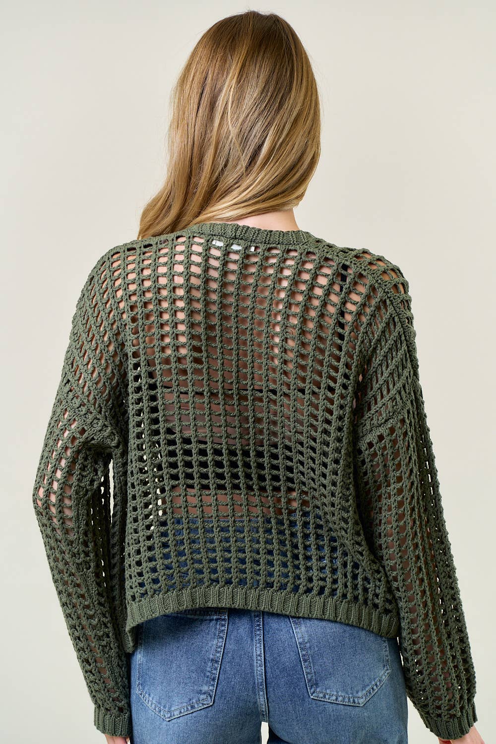 CROCHET FISHNET CROPPED OPEN CARDIGAN OLIVE