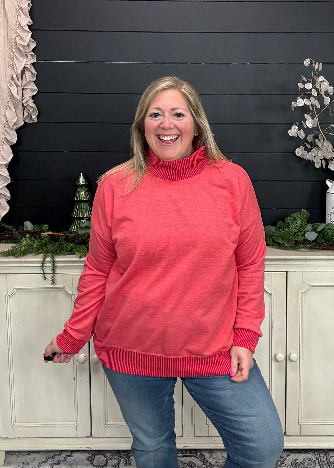 Red - Mock Neck with Side Collar Slit