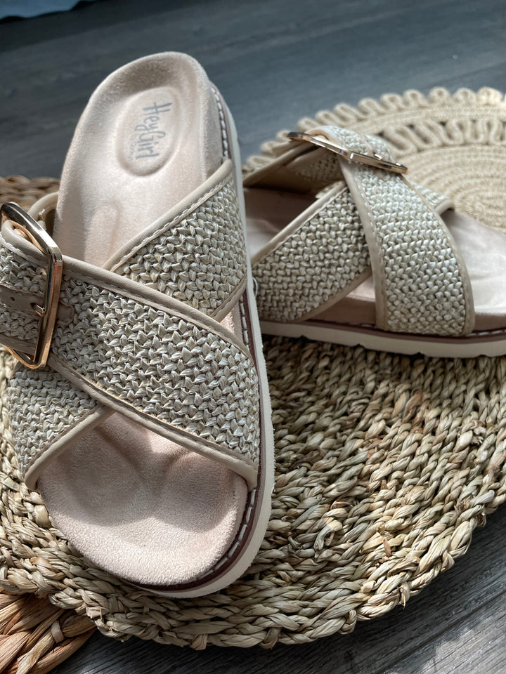 "Booked" Woven Cross Strap Design Slide Sandal