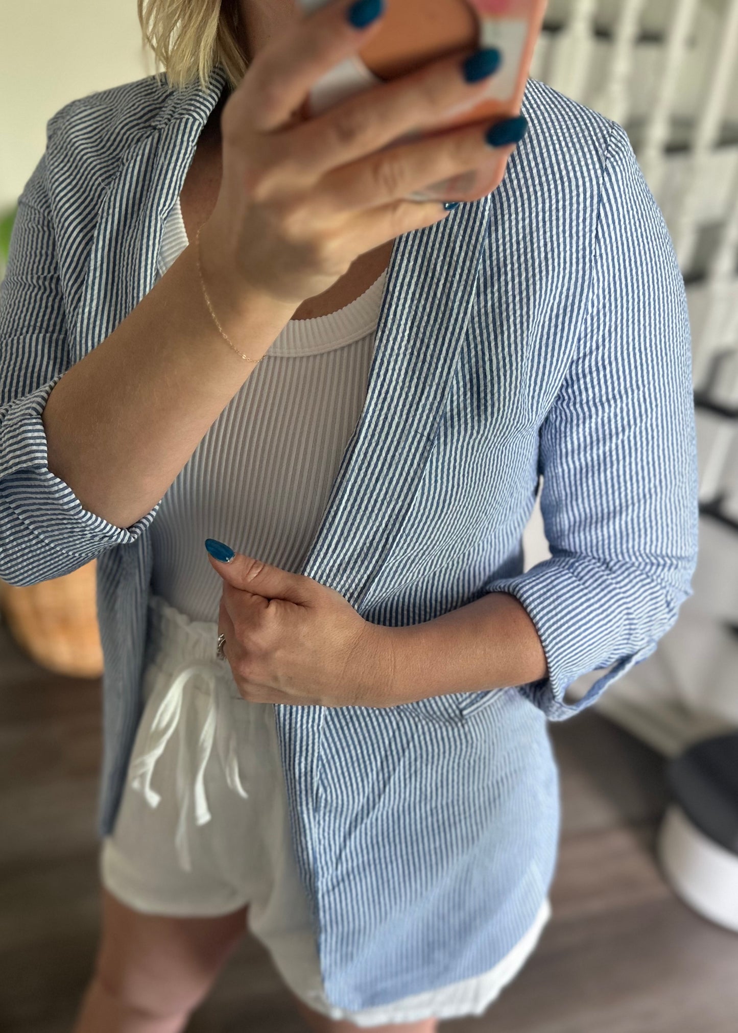 Seersucker Stripe Open Front Blazer: Blue White