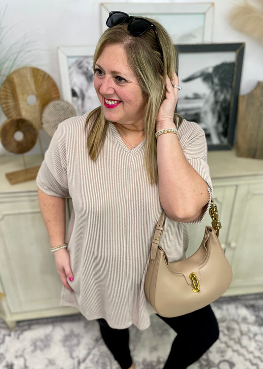 Sand - V Neck Oversized Ribbed Knit Top