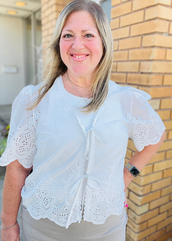Eyelet Embroidered Tie Front Blouse Top