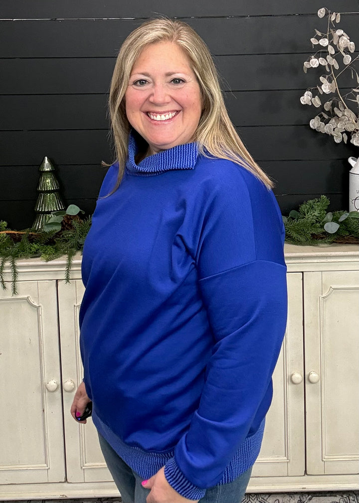 Royal Blue - Mock Neck with Side Collar Slit
