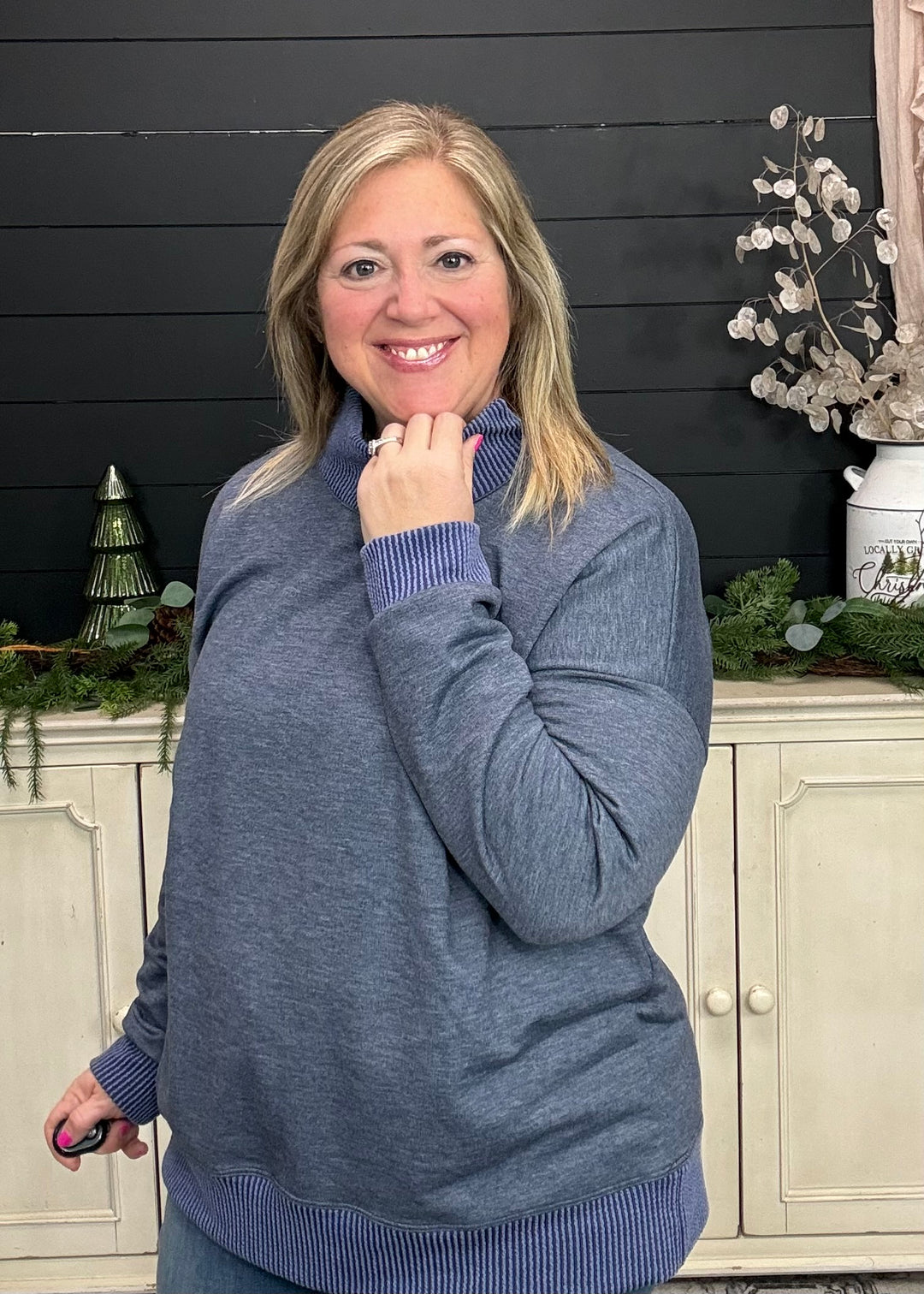 Navy - Mock Neck with Side Collar Slit