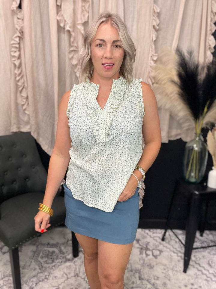 Cotton Ditzy Floral V-Neck Ruffled Sleeveless Top