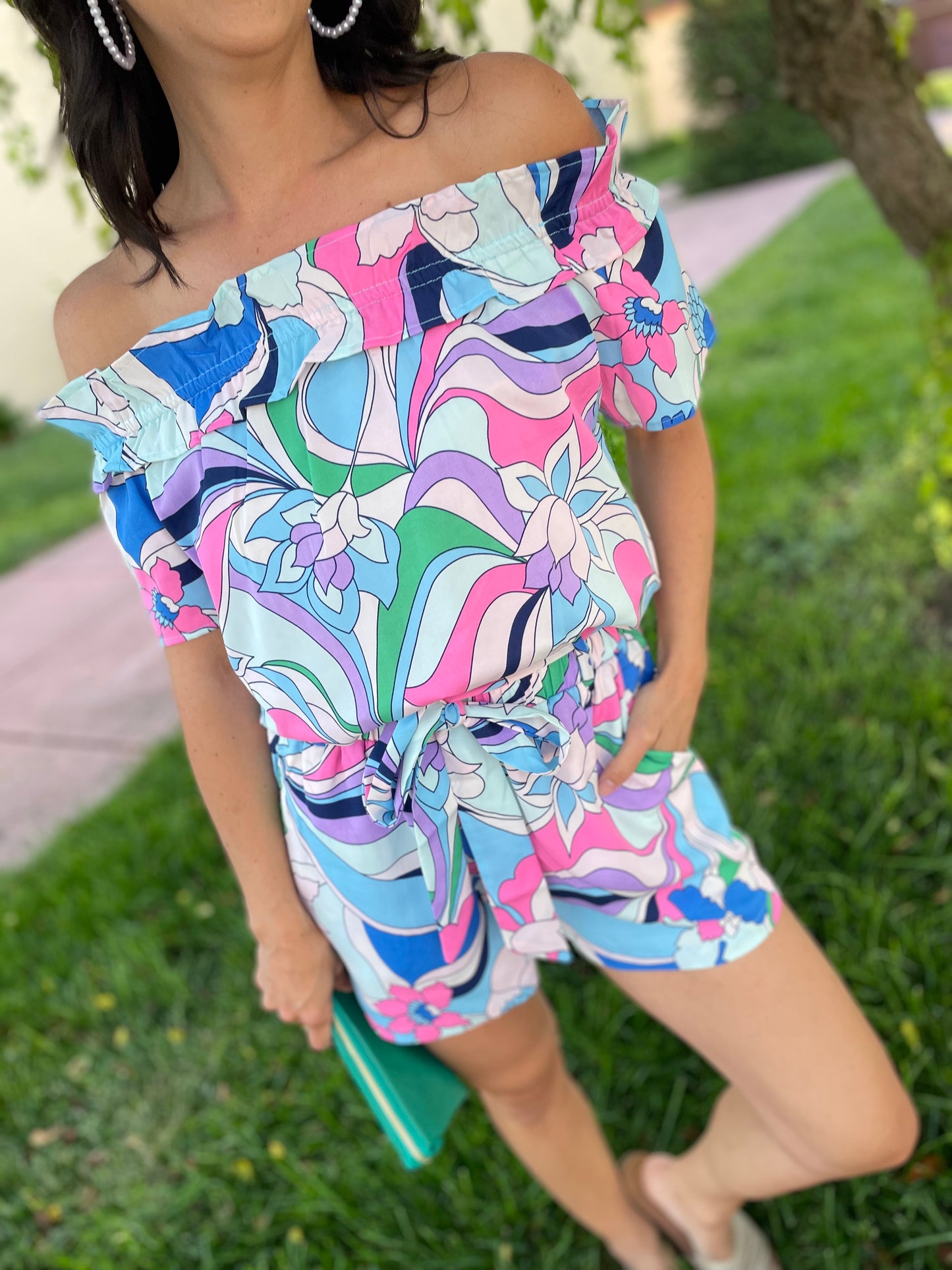 Soft Abstracted Off Shoulder Top - Blue
