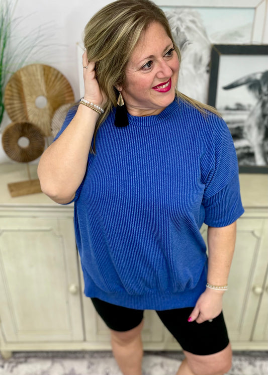 Royal Blue - Short Sleeve Oversized Ribbed Knit Top