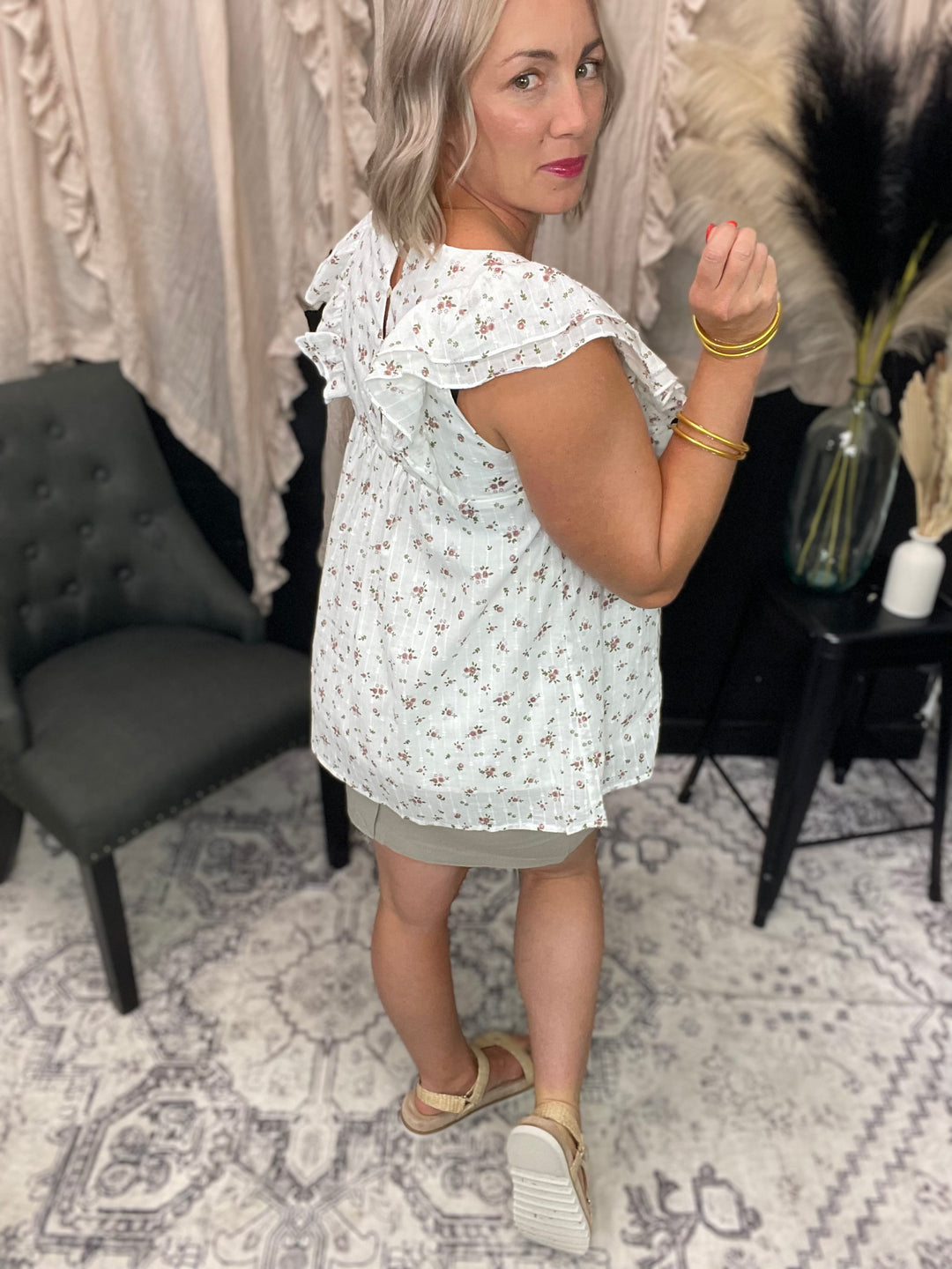 Swiss Dot Floral Print Ruffle Top With Button Back