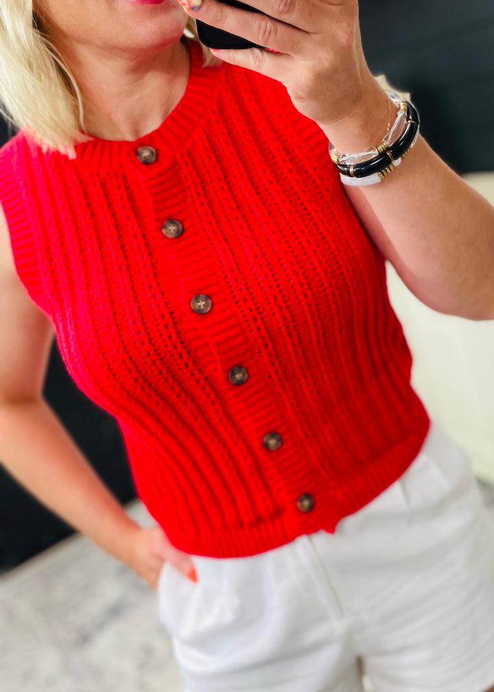 Red Sleeveless Button Down Cardigan