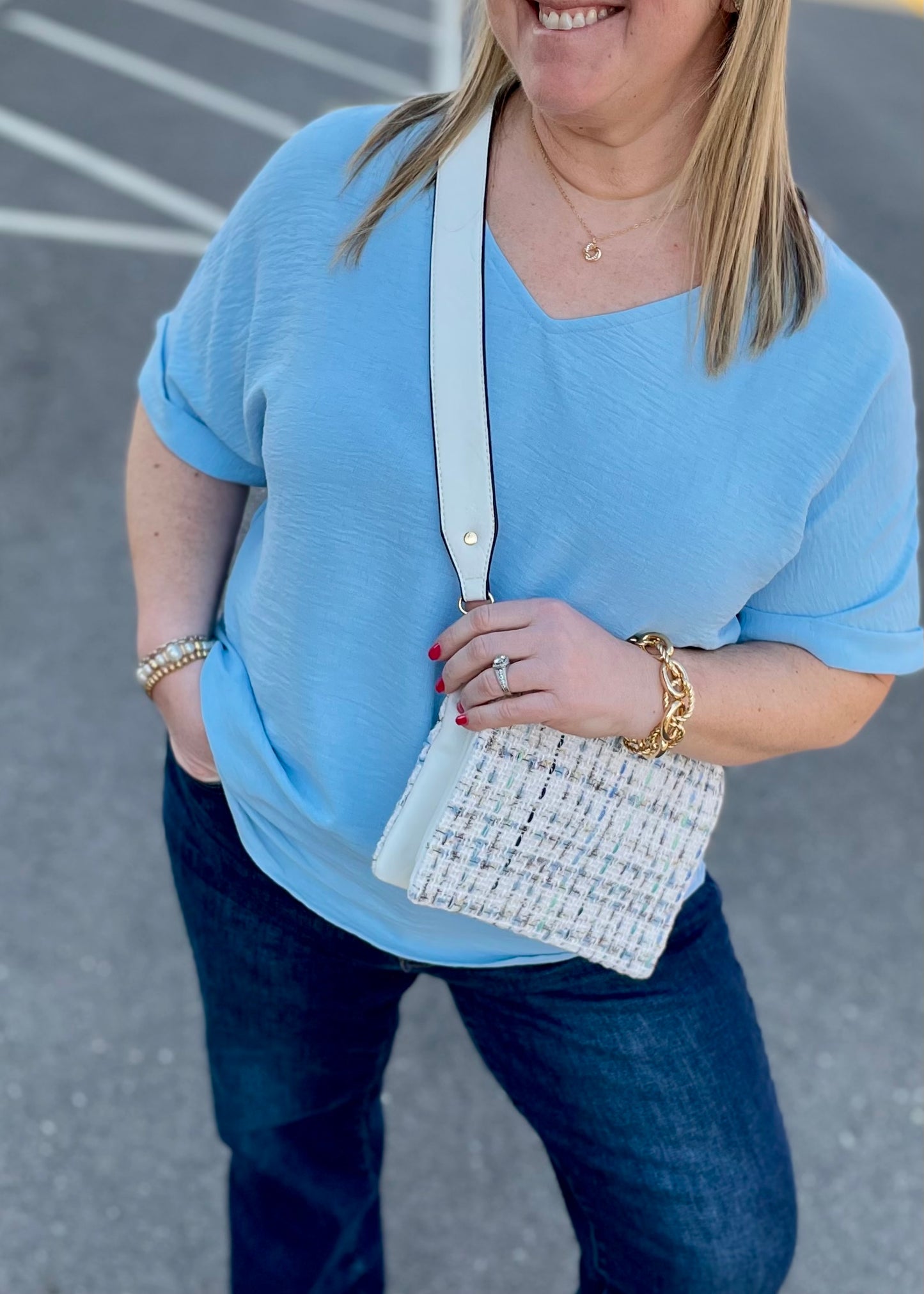 Dusty Blue - Dolman Sleeve V Neck Blouse Top