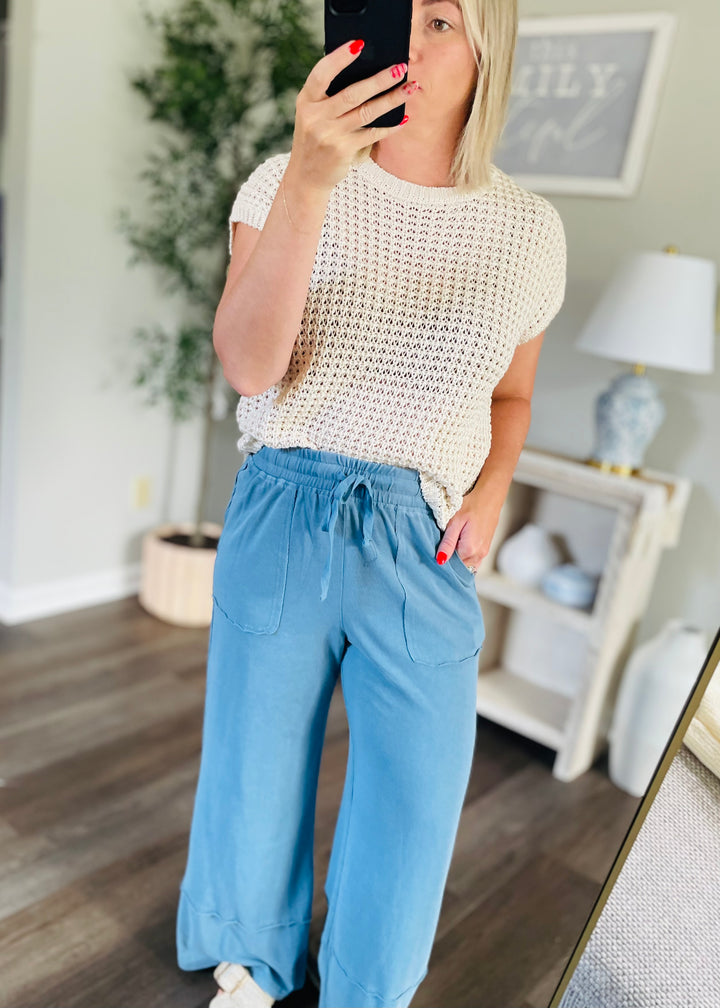 Dusty Blue Wide Leg Cropped Pants