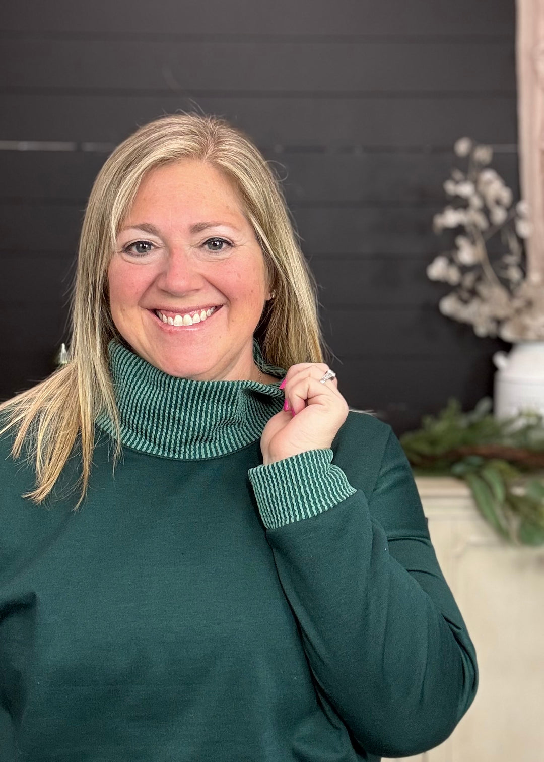 Hunter Green - Mock Neck with Side Collar Slit