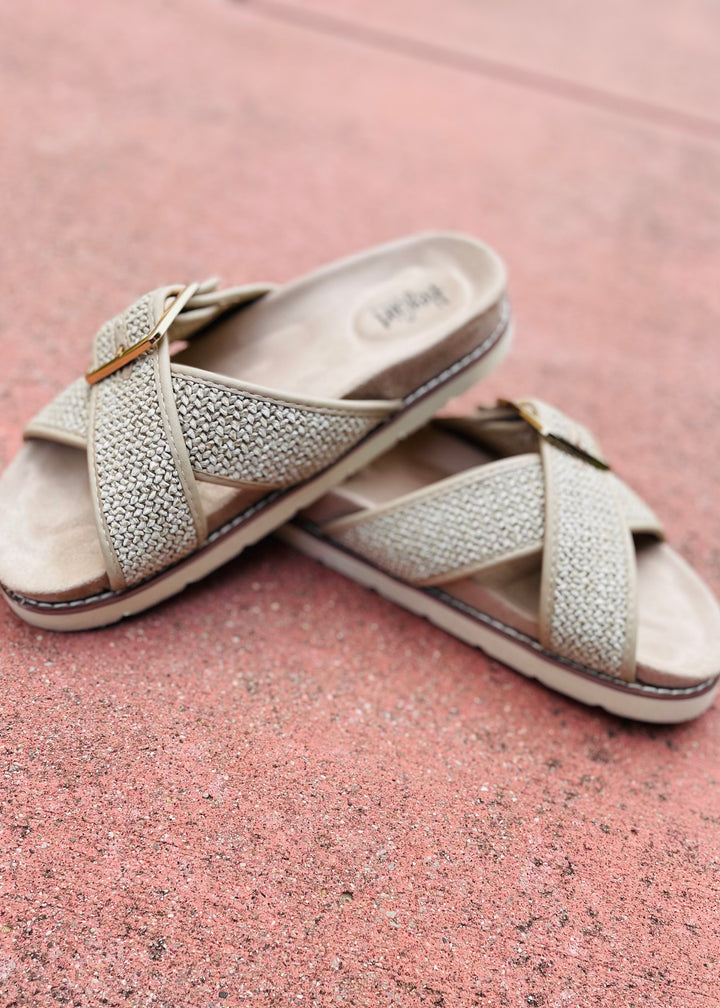 "Booked" Woven Cross Strap Design Slide Sandal