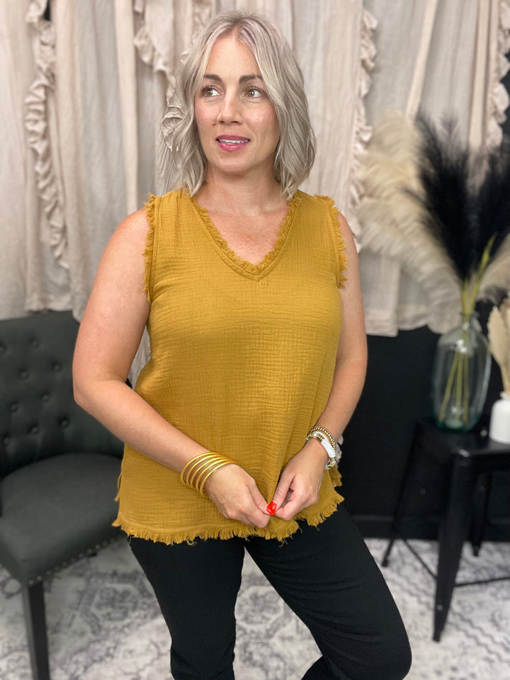 MUSTARD FRAYED V-NECK TOP