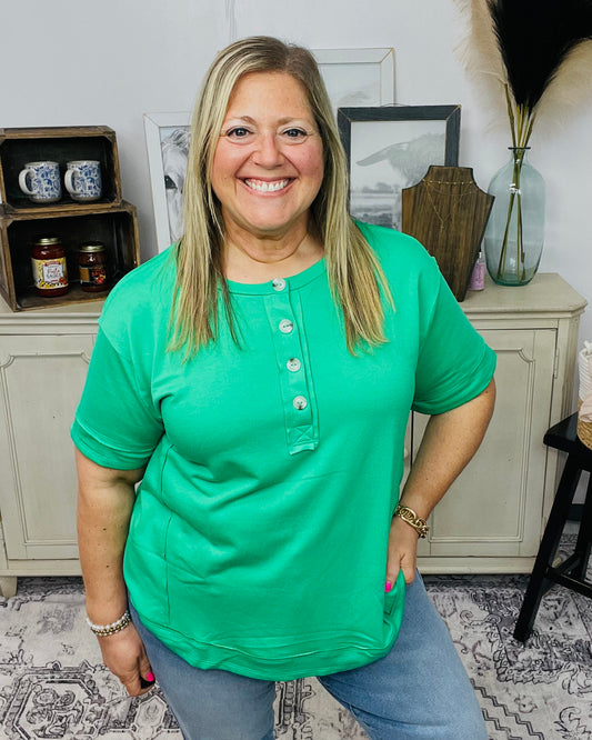 Front Button Detail Terry Cloth Top: KELLY GREEN