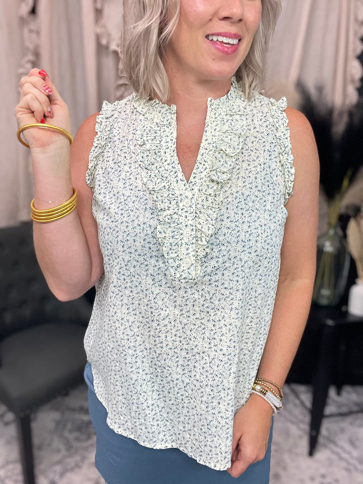 Cotton Ditzy Floral V-Neck Ruffled Sleeveless Top