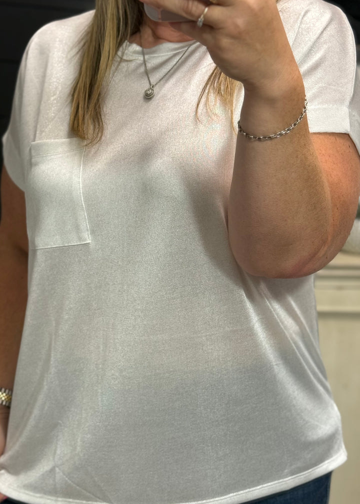 White Shimmer Short Sleeve Pocketed Tunic Top