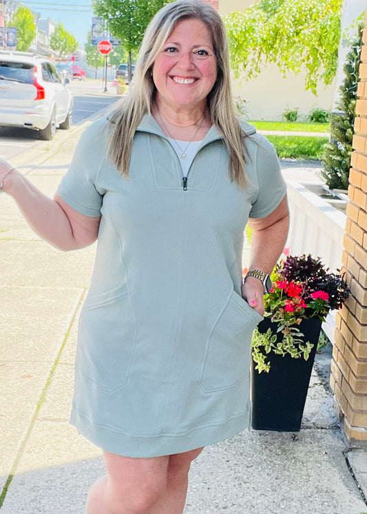 FRENCH TERRY ZIP-FRONT SHORT SLEEVE MINI DRESS