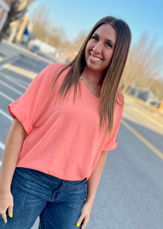 Coral Apricot - Dolman Sleeve V Neck Blouse Top