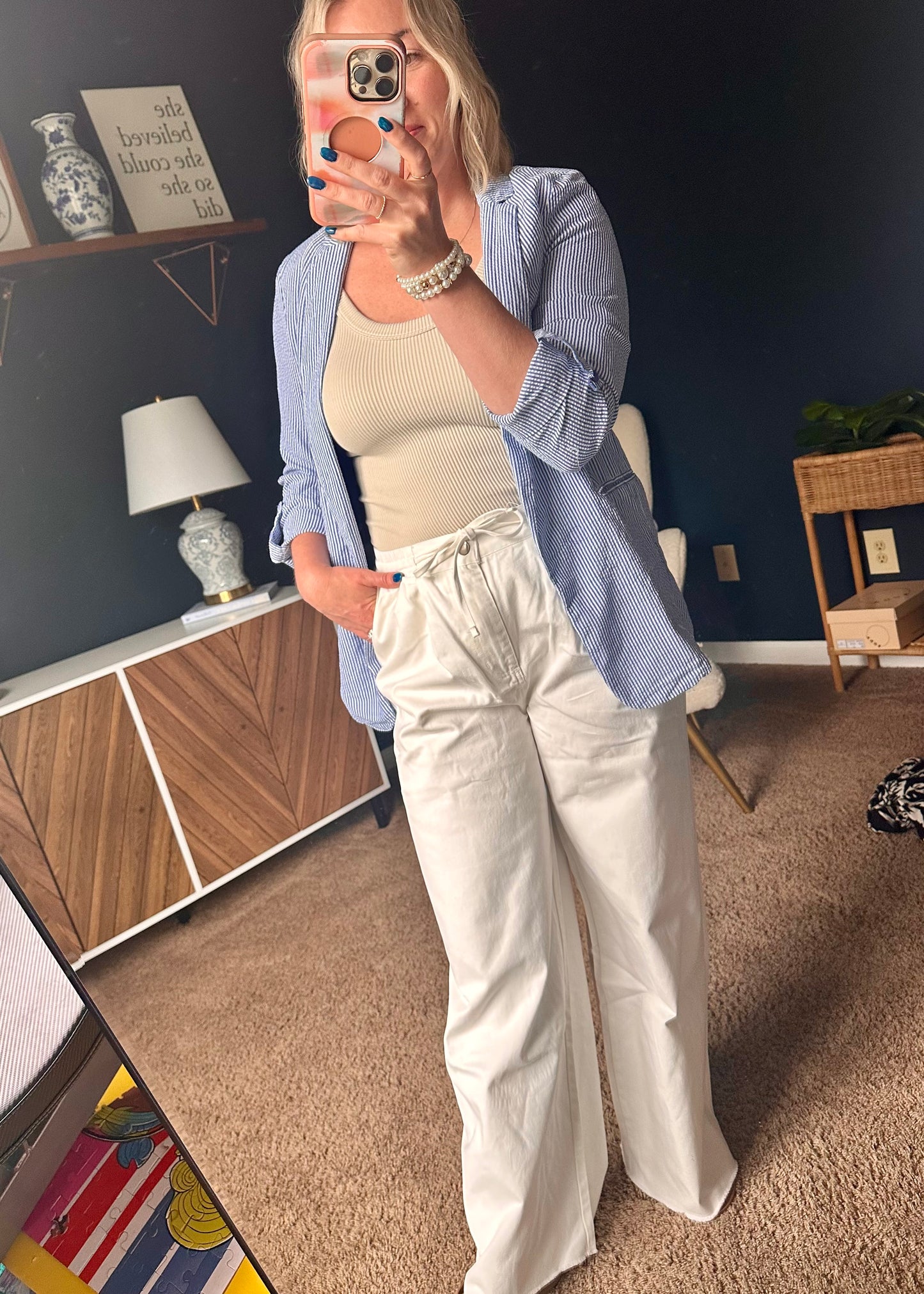 Seersucker Stripe Open Front Blazer: Blue White