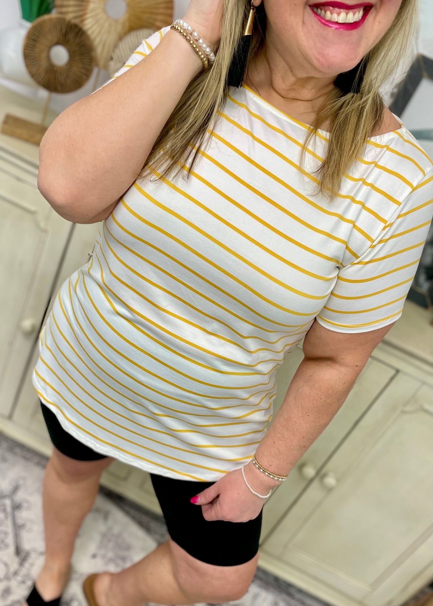 Yellow Stripe Boat Neck Top