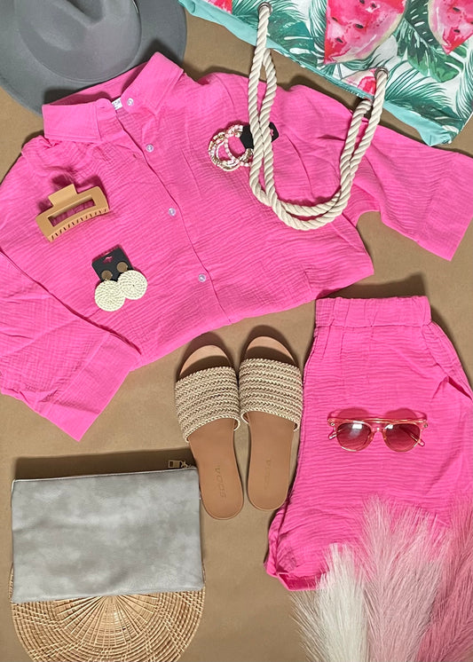 Textured Shirt and Elastic Waist Shorts Set  - Pink