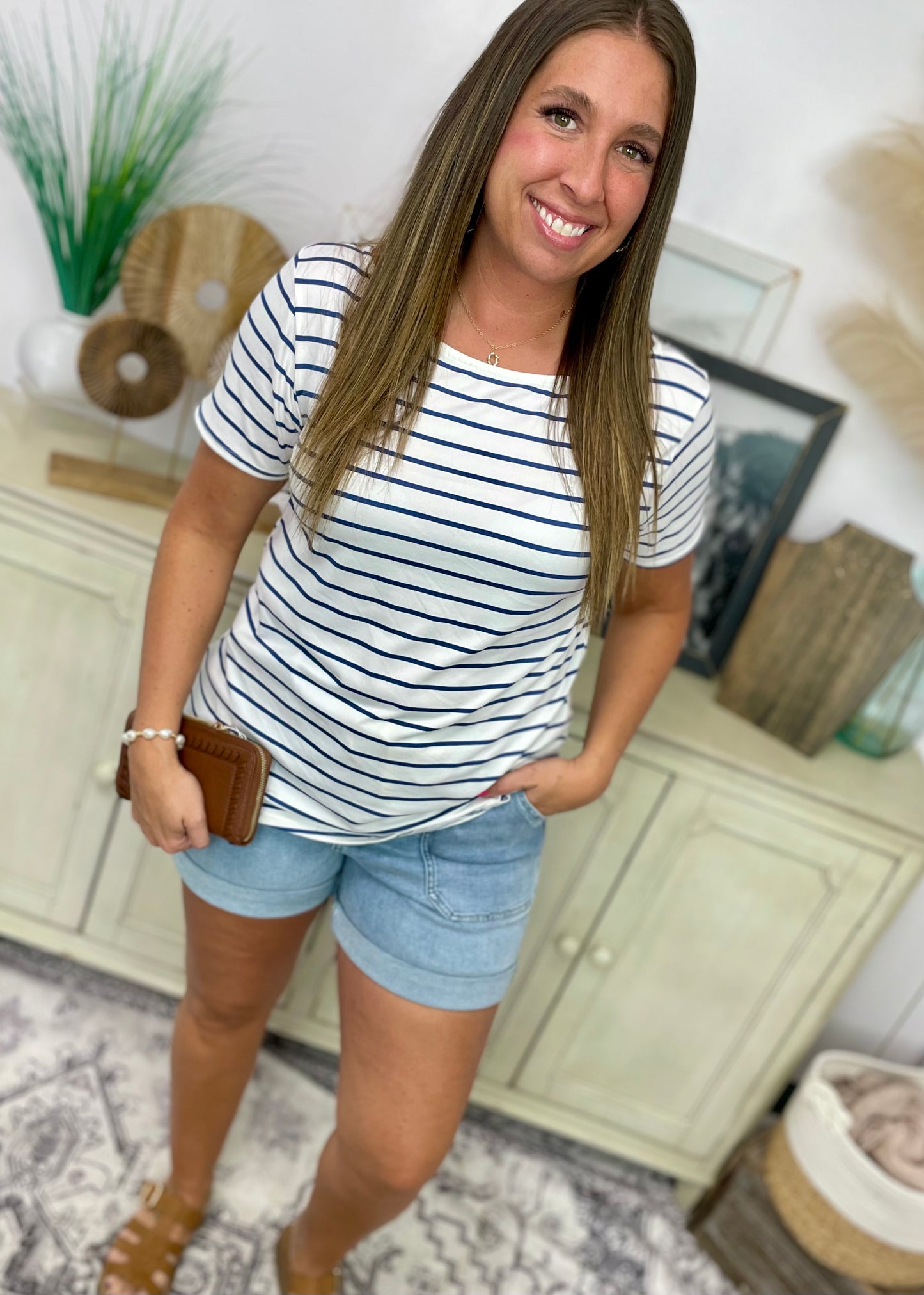 Blue Stripe Boat Neck Top