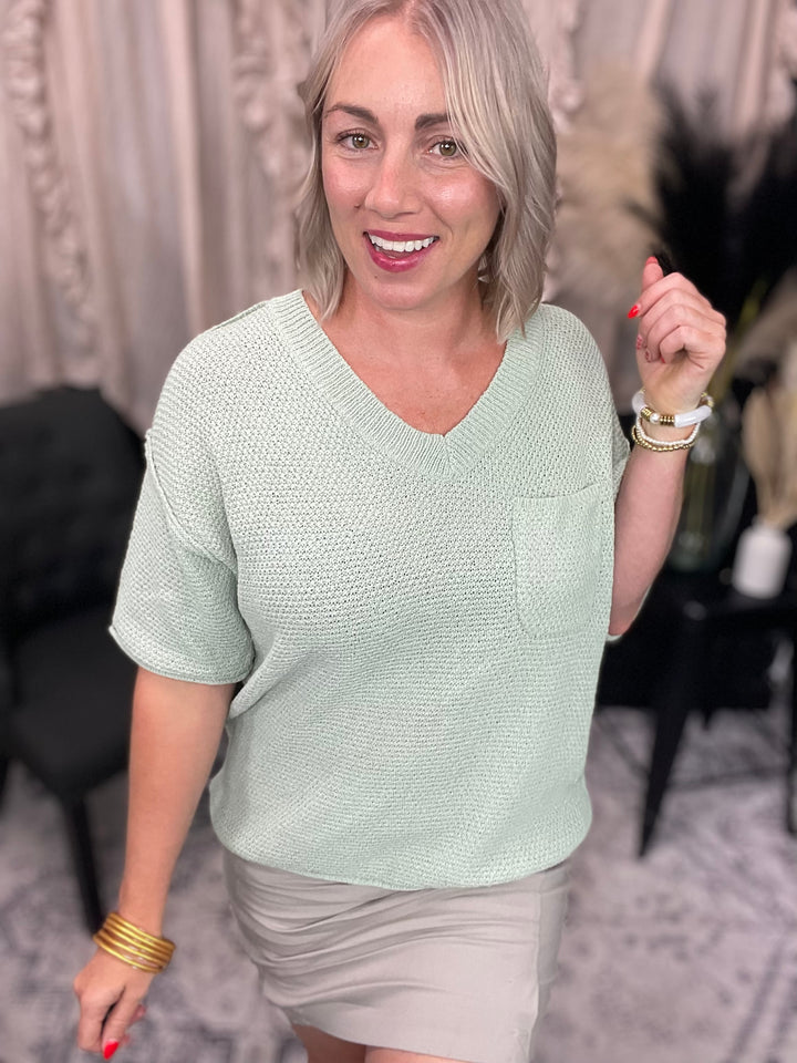 V-Neck Dropped Short Sleeve Exposed Seam Sweater