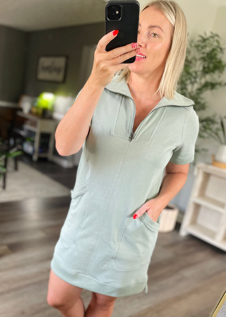 FRENCH TERRY ZIP-FRONT SHORT SLEEVE MINI DRESS