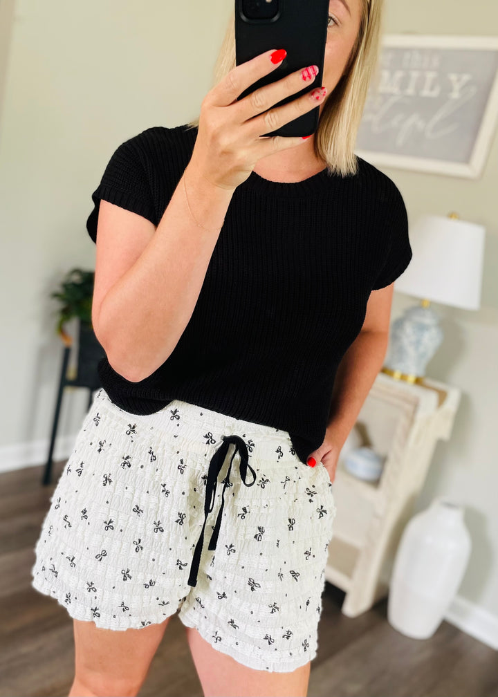 Frill Bow Printed Drawstring Waist Wide Leg Short