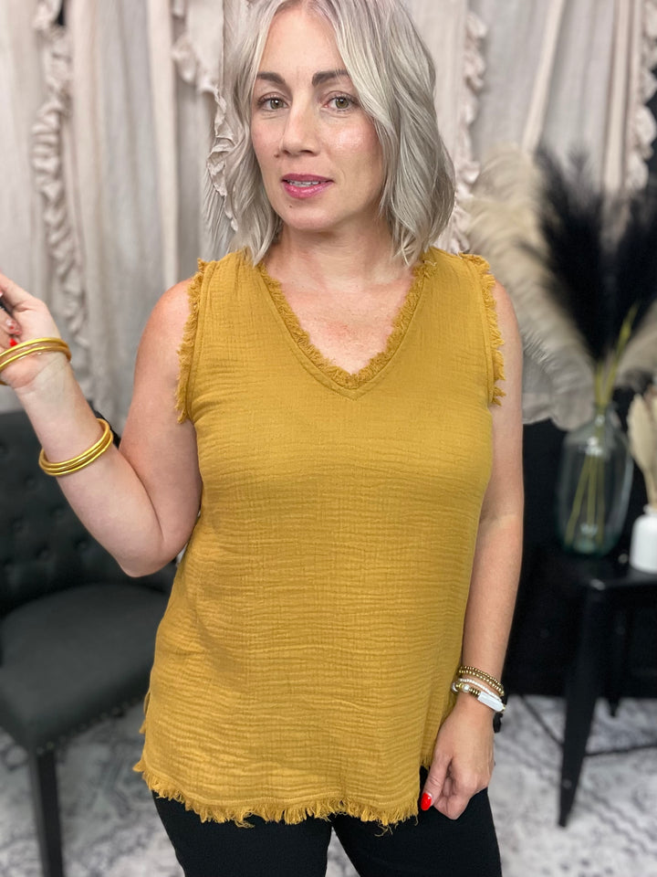 MUSTARD FRAYED V-NECK TOP
