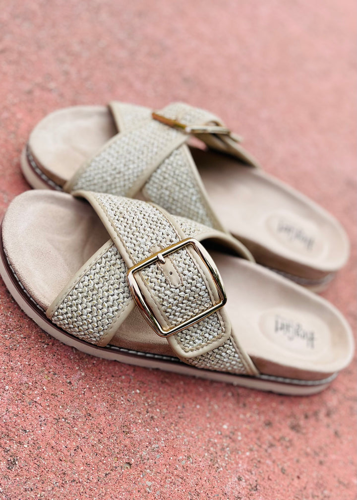 "Booked" Woven Cross Strap Design Slide Sandal
