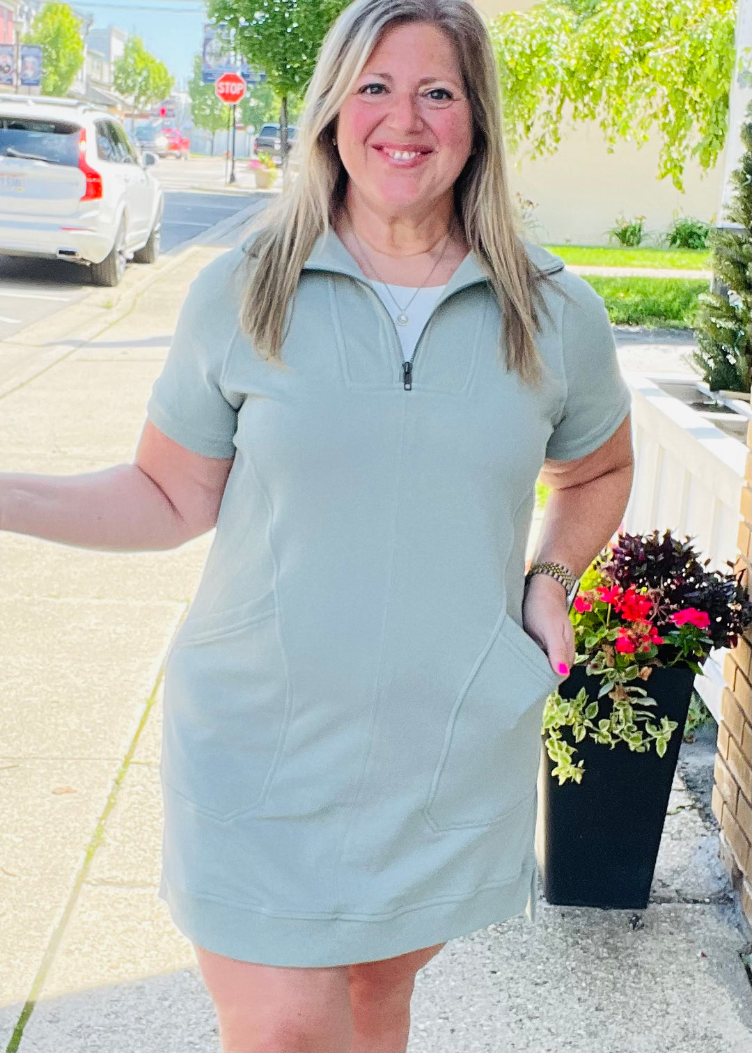 FRENCH TERRY ZIP-FRONT SHORT SLEEVE MINI DRESS