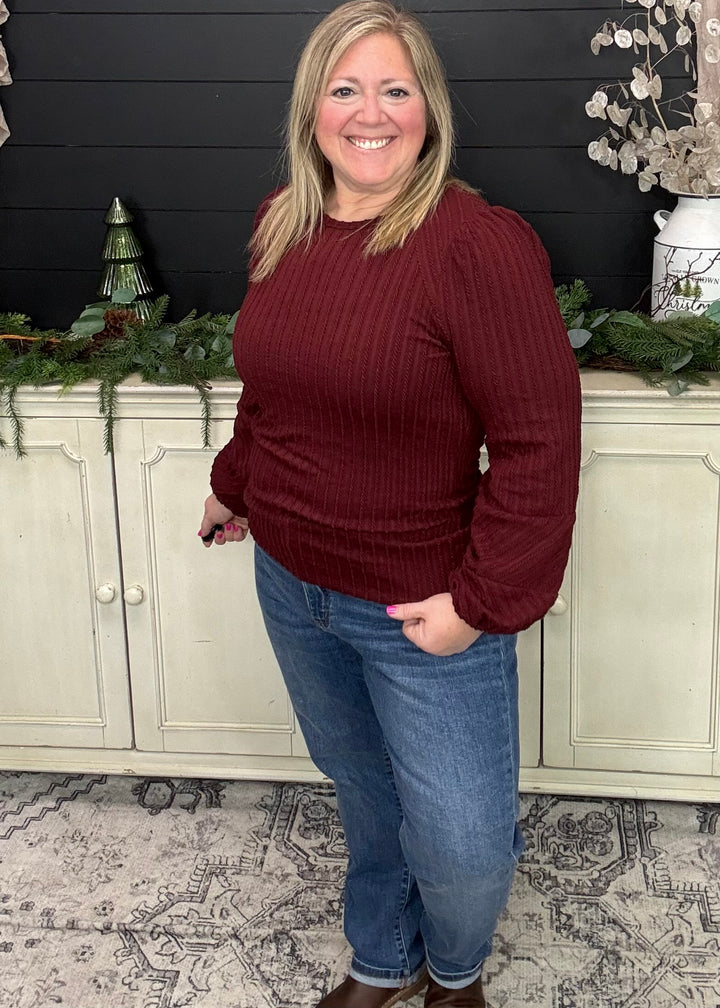 Merlot Bubble Sleeve Textured Top