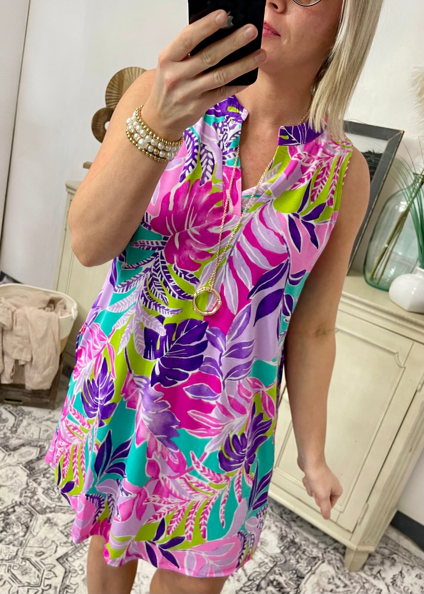 Magenta Summer Tropical Leaf Print Dress