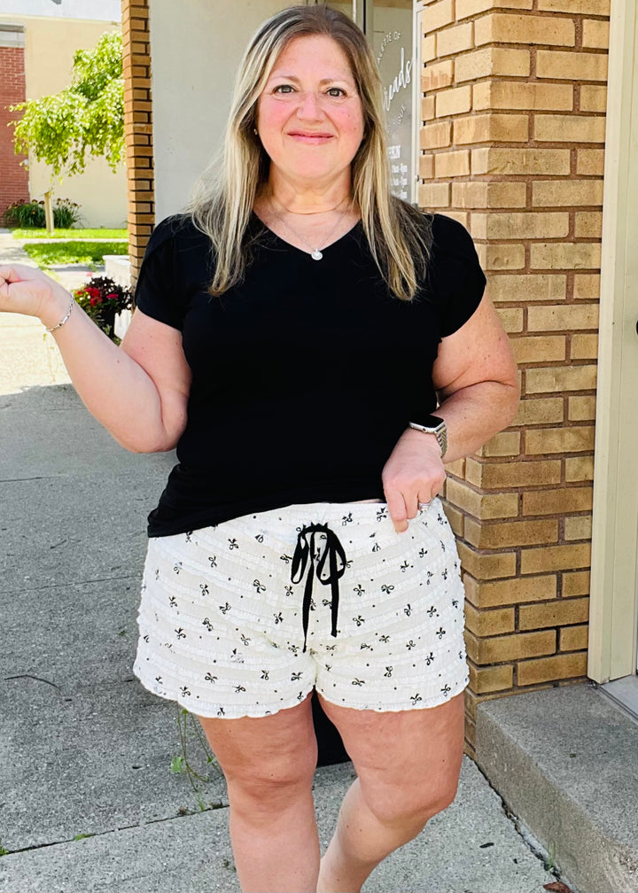 Frill Bow Printed Drawstring Waist Wide Leg Short