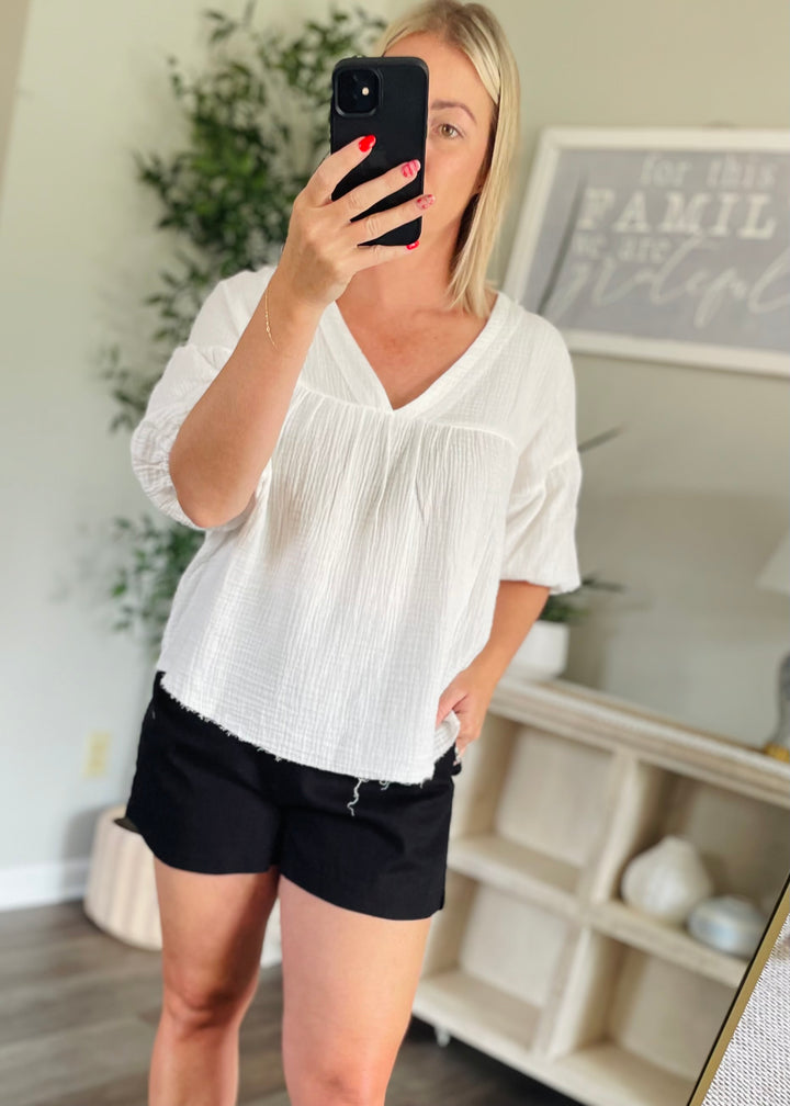 White Cotton Gauze V- Neck Top
