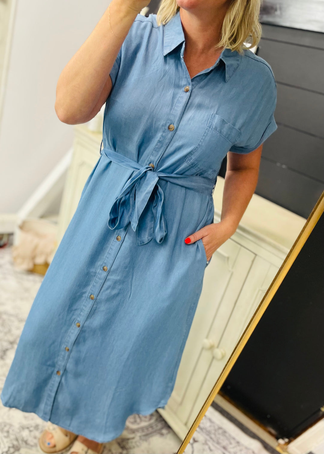 Chambray Belted Button Down Dress