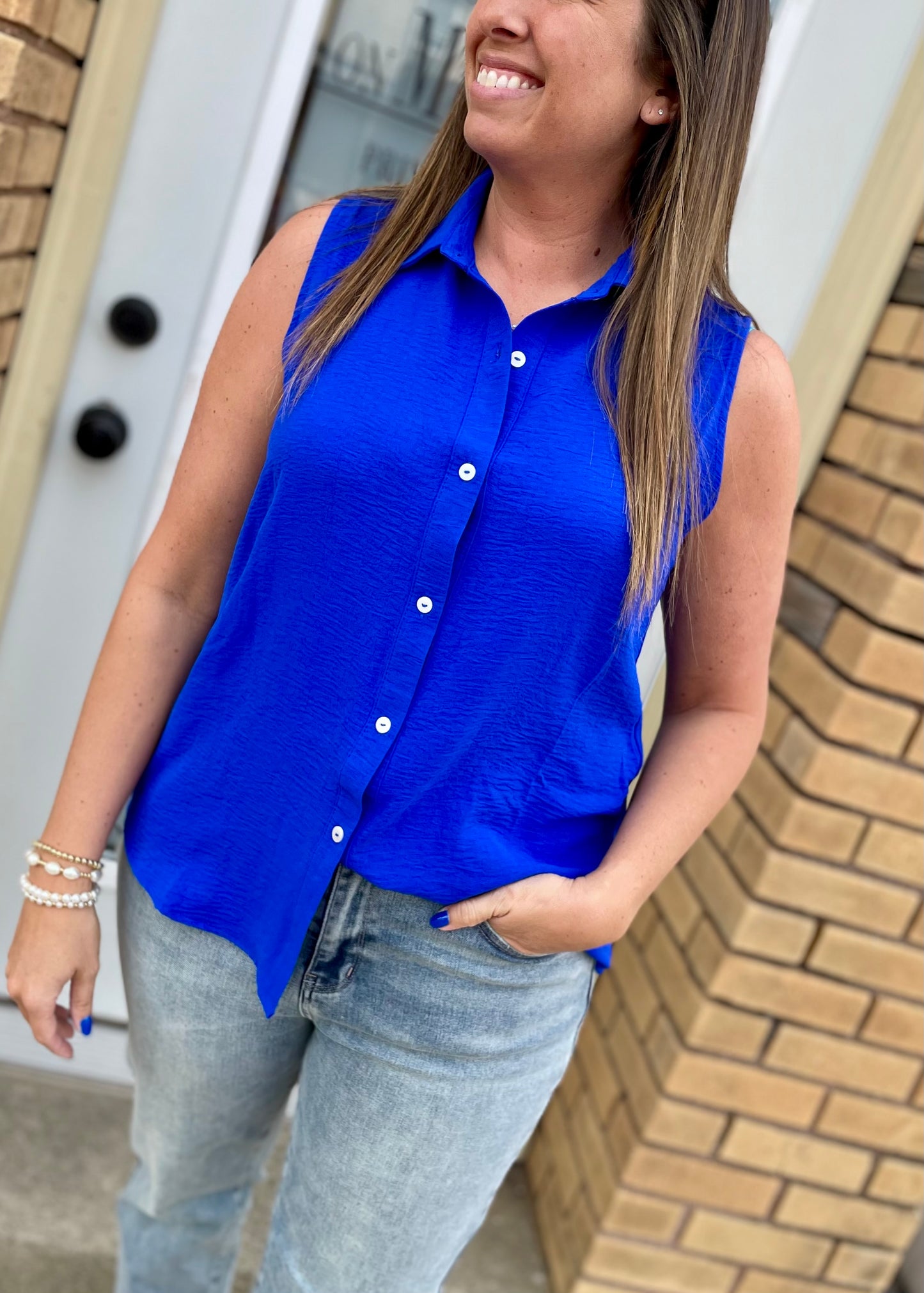 Royal Blue Sleeveless Button Down with Collar Top
