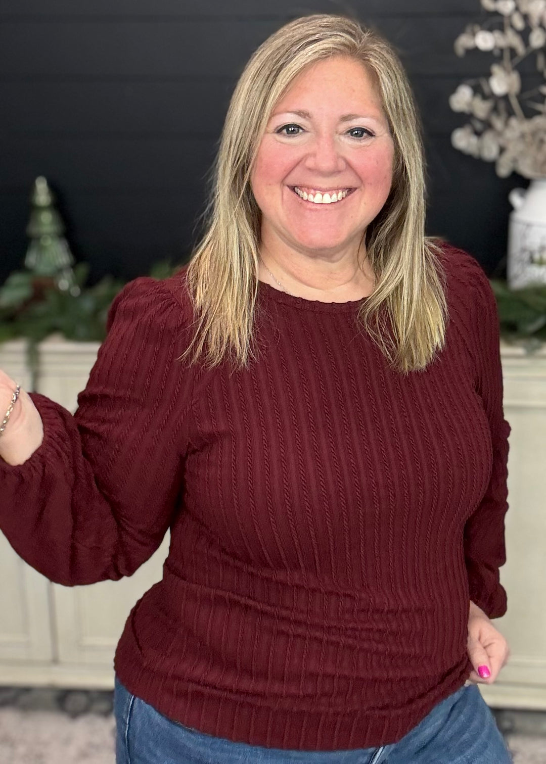 Merlot Bubble Sleeve Textured Top