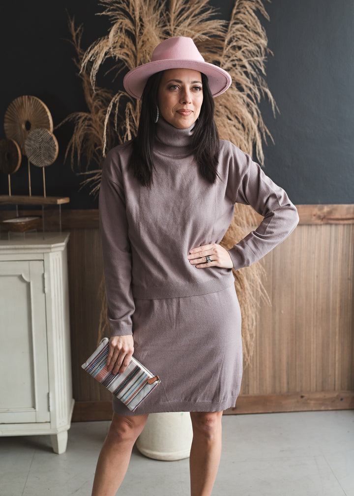 Turtle Neck Midi Dress Set - Mocha and Cream