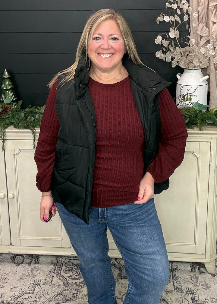 Merlot Bubble Sleeve Textured Top