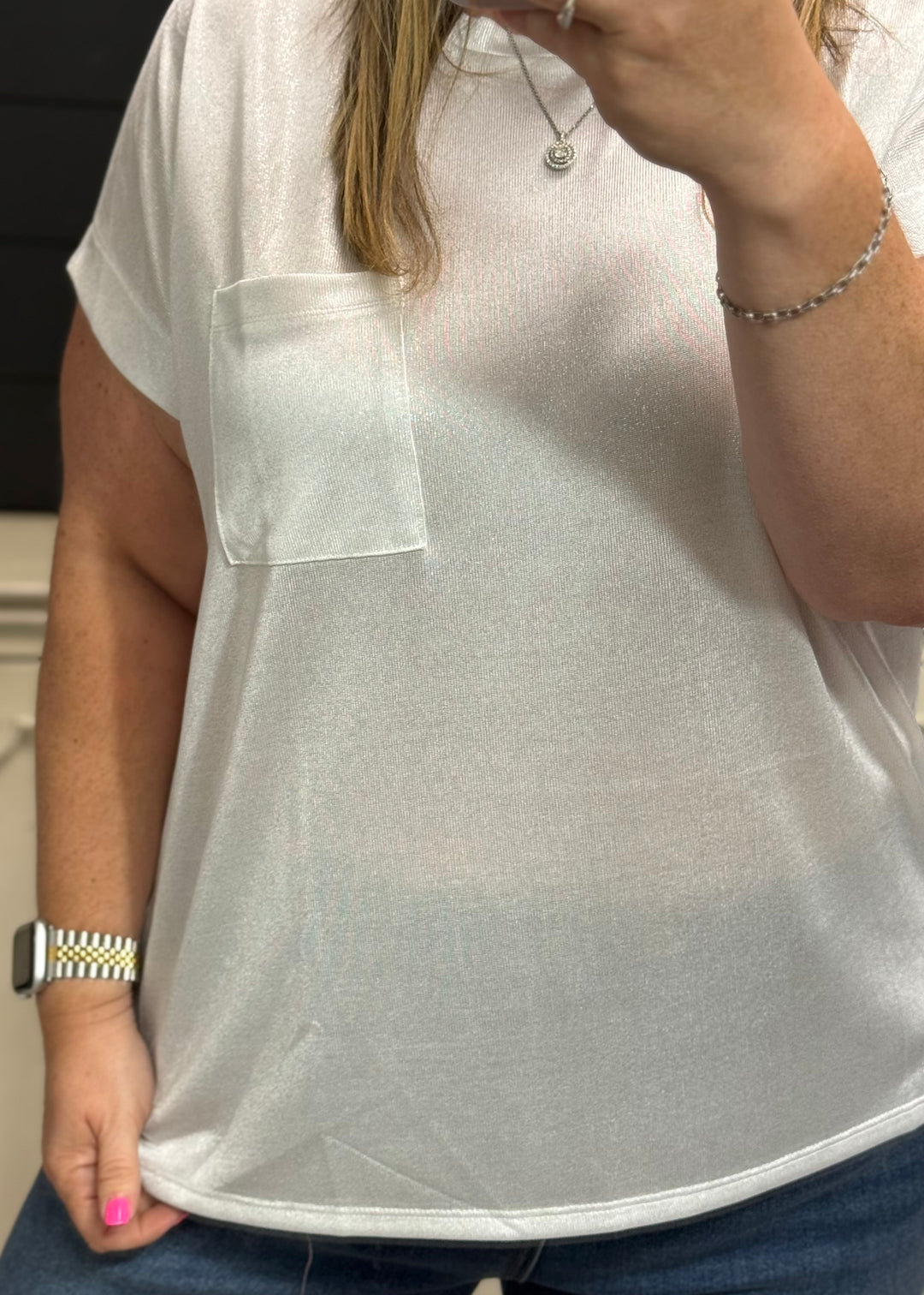 White Shimmer Short Sleeve Pocketed Tunic Top