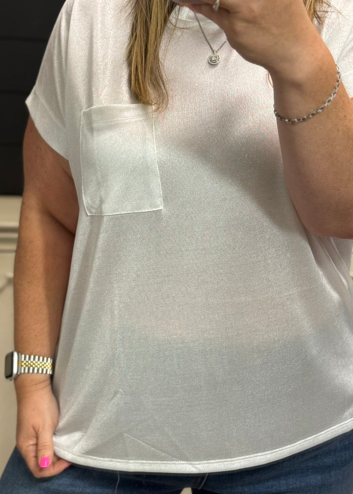 White Shimmer Short Sleeve Pocketed Tunic Top
