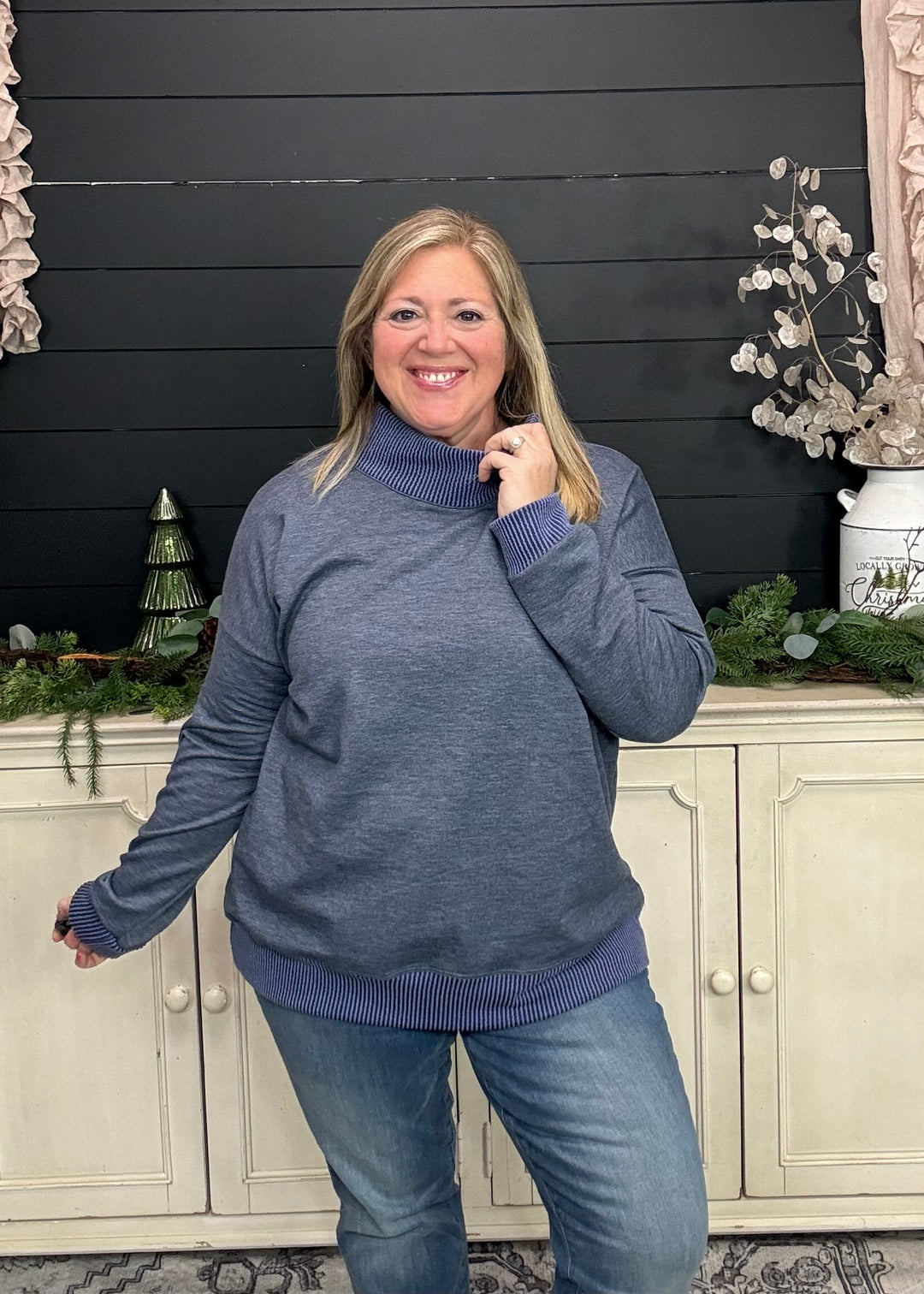 Navy - Mock Neck with Side Collar Slit