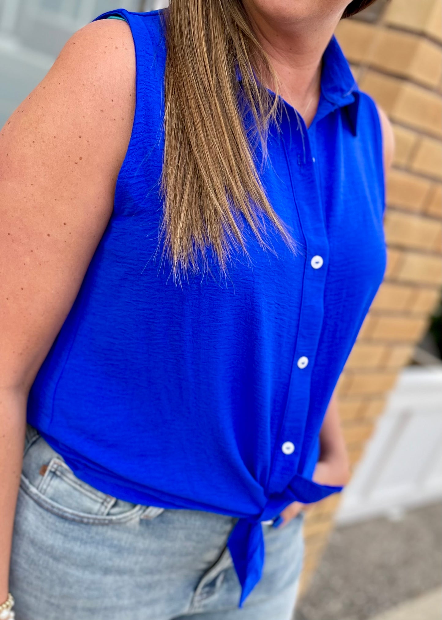 Royal Blue Sleeveless Button Down with Collar Top