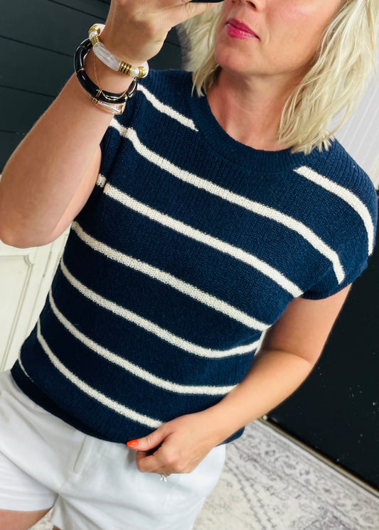 Navy & Cream Short Sleeve Sweater