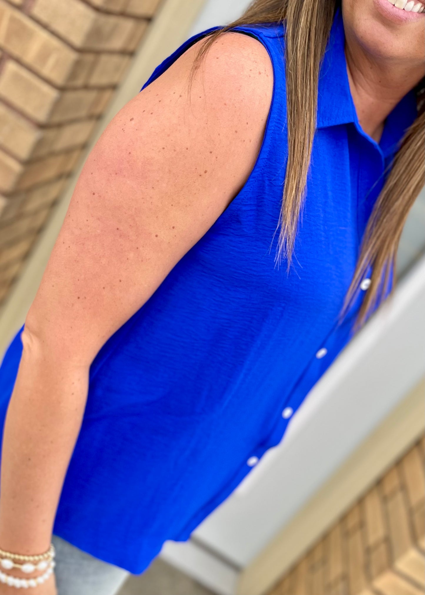Royal Blue Sleeveless Button Down with Collar Top