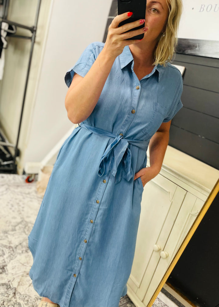 Chambray Belted Button Down Dress